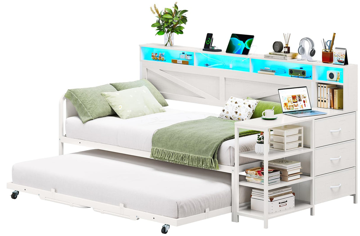 VIAGDO Daybed Twin with Pop Up Trundle, Farmhouse Wooden Day Bed Frame with 3 Storage Drawers and Shelves, Twin to King Daybed with Charging Station and LED Lights for Bedroom, Guest Room, White VIAGDO
