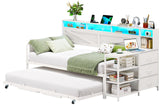 VIAGDO Daybed Twin with Pop Up Trundle, Farmhouse Wooden Day Bed Frame with 3 Storage Drawers and Shelves, Twin to King Daybed with Charging Station and LED Lights for Bedroom, Guest Room, White VIAGDO