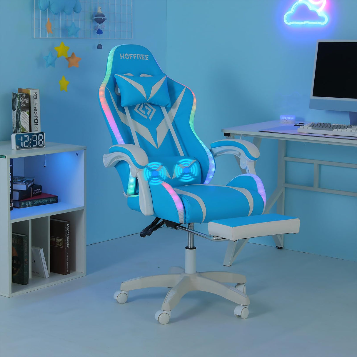 HOFFREE Gaming Chair with Massage and LED Lights Ergonomic Video Game Chairs with Footrest High Back Reclining Computer Chair with Adjustable Lumbar Support Blue and White HOFFREE