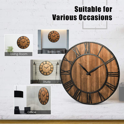 Tangkula 30 Inch Round Wall Clock, Farmhouse Large Wall Clock with Roman Numerals, Decorative Wooden Wall Clock, Come with AA Battery, Rustic Wall Clock Hanging for Home Office (Bronze+Brown) - WoodArtSupply