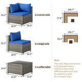 Tradare 7 Piece Patio Furniture Set, Outdoor Wicker Patio Sofa Set, PE Rattan Sectional Couch with Glass Table and Blue Cushions, All-Weather 7 Piece Outdoor Patio Furniture Sets, Grey Tradare
