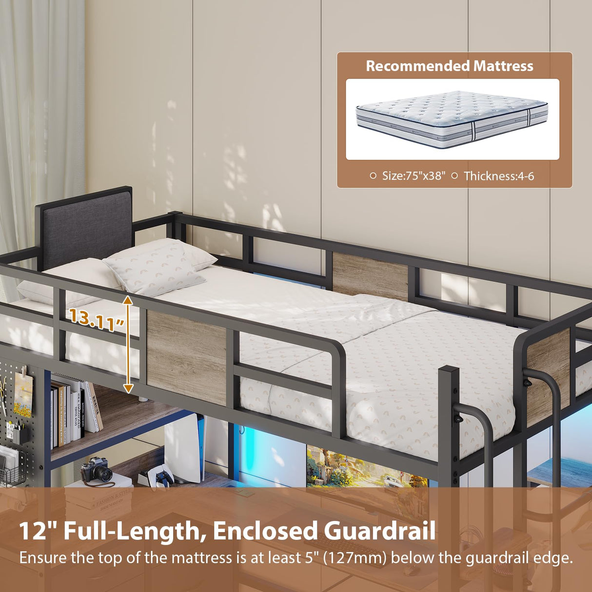 Loft Bed Twin Size with Desk and 5 Storage Drawers, Twin Loft Bed with LED Lights and Charging Station, Metal Bunk Bed Frame with Ladder, Clothes Rail,Noise Free for Small Bedroom,Oak Gray Dnxao