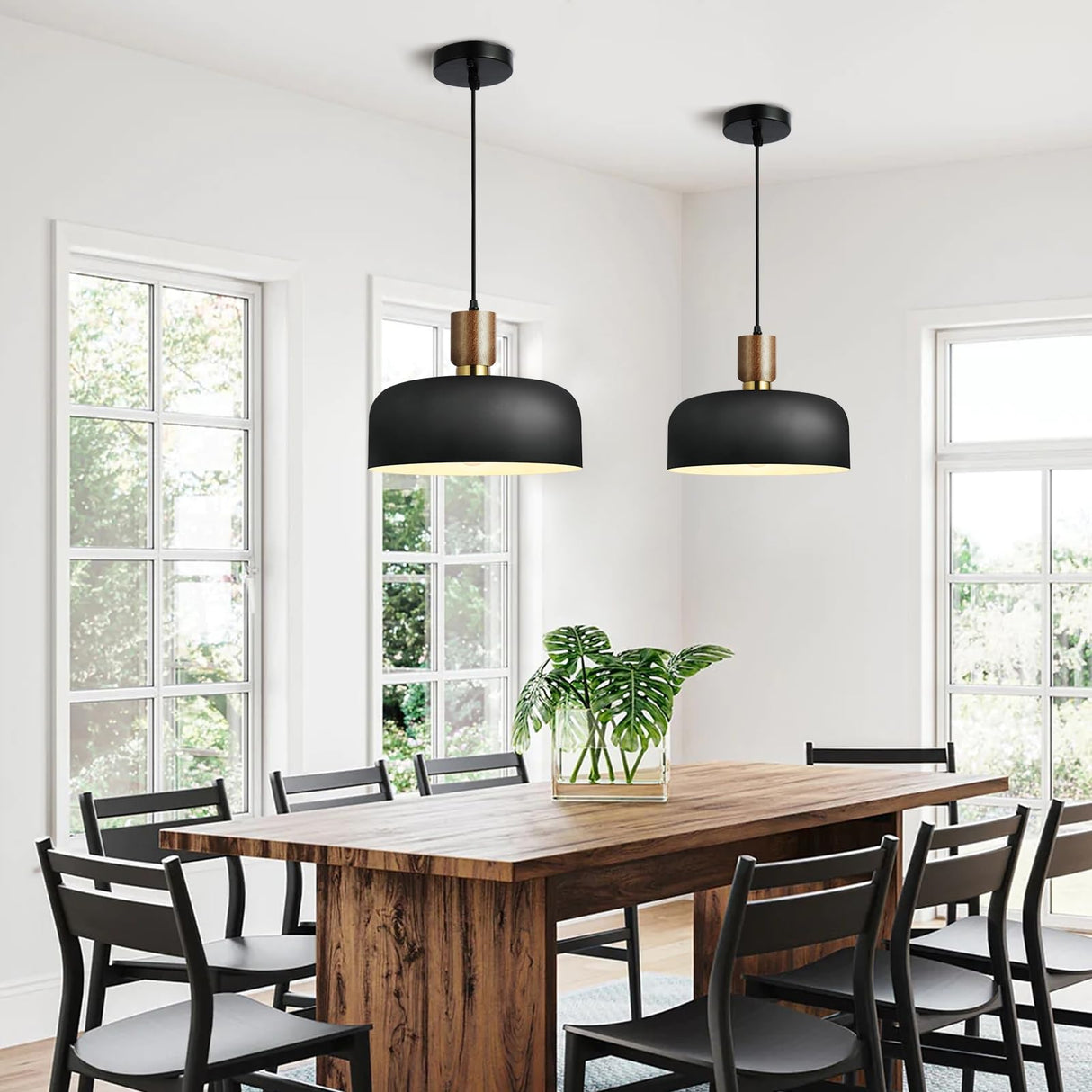 11.6" Modern Black Hanging Light,Large Pendant Light for Kitchen Island,Solid Wood with Hammered Shade,Adjustable Retro Dome Industrial Ceiling Lighting Fixture for Dining Room Hallway Entrance Eustace