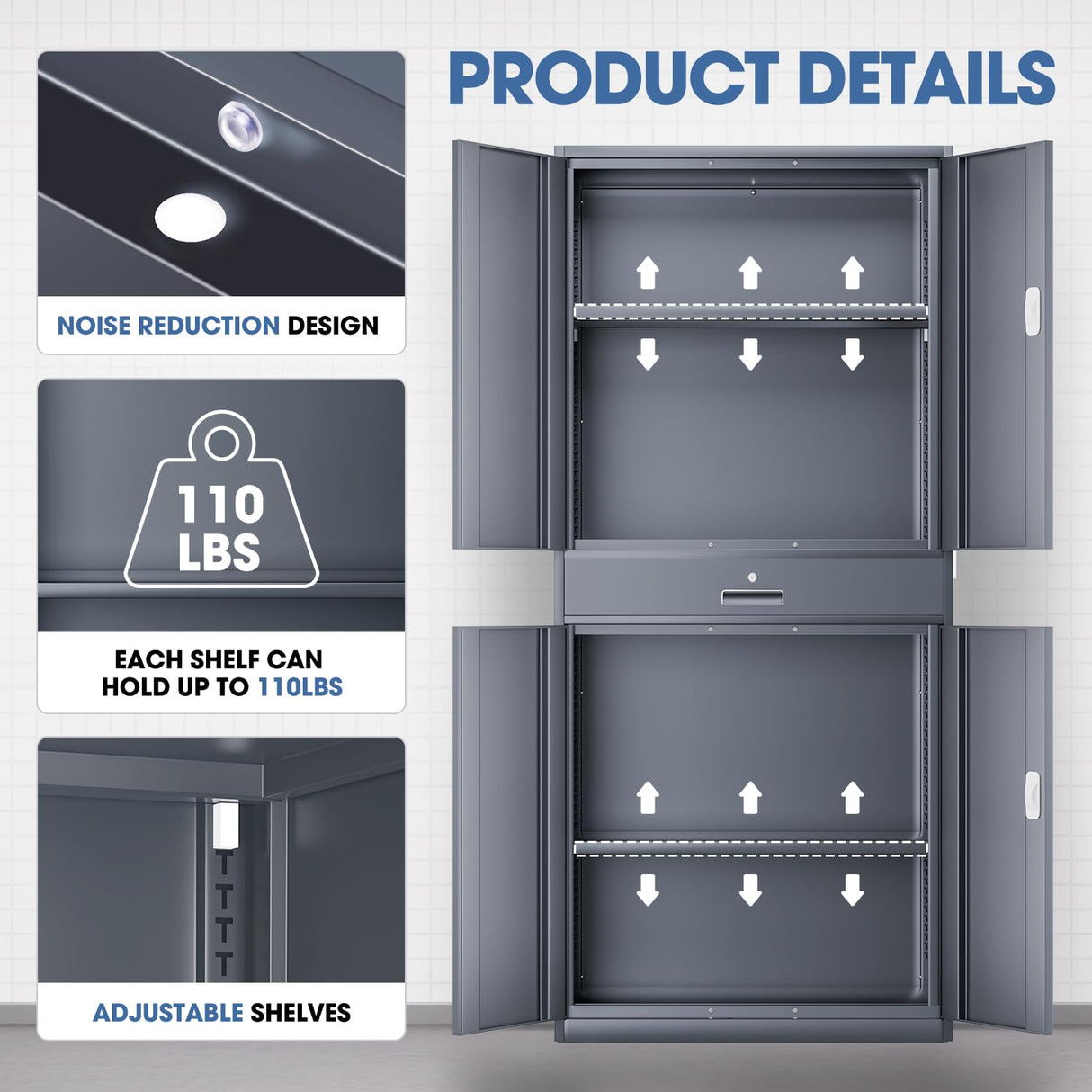 DNA MOTORING 71'' Metal Storage Cabinet, Locking Tool Cabinet with 1 Drawer and Adjustable Shelves, Lockable Heavy Duty Metal Locker for Garage,Office,Home,Gym, Gray, TOOLS-00629-GY-GY-A DNA MOTORING