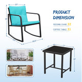 Greesum 3 Pieces Rocking Rattan Wicker Bistro, Patio Furniture Set with Soft Cushion and Glass Coffee Table, Design for Poolside Yard Garden, Blue Greesum