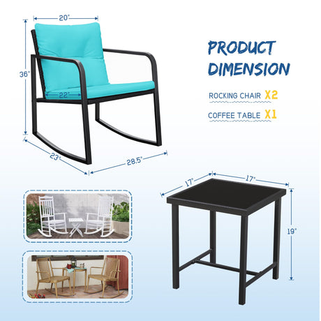 Greesum 3 Pieces Rocking Rattan Wicker Bistro, Patio Furniture Set with Soft Cushion and Glass Coffee Table, Design for Poolside Yard Garden, Blue Greesum