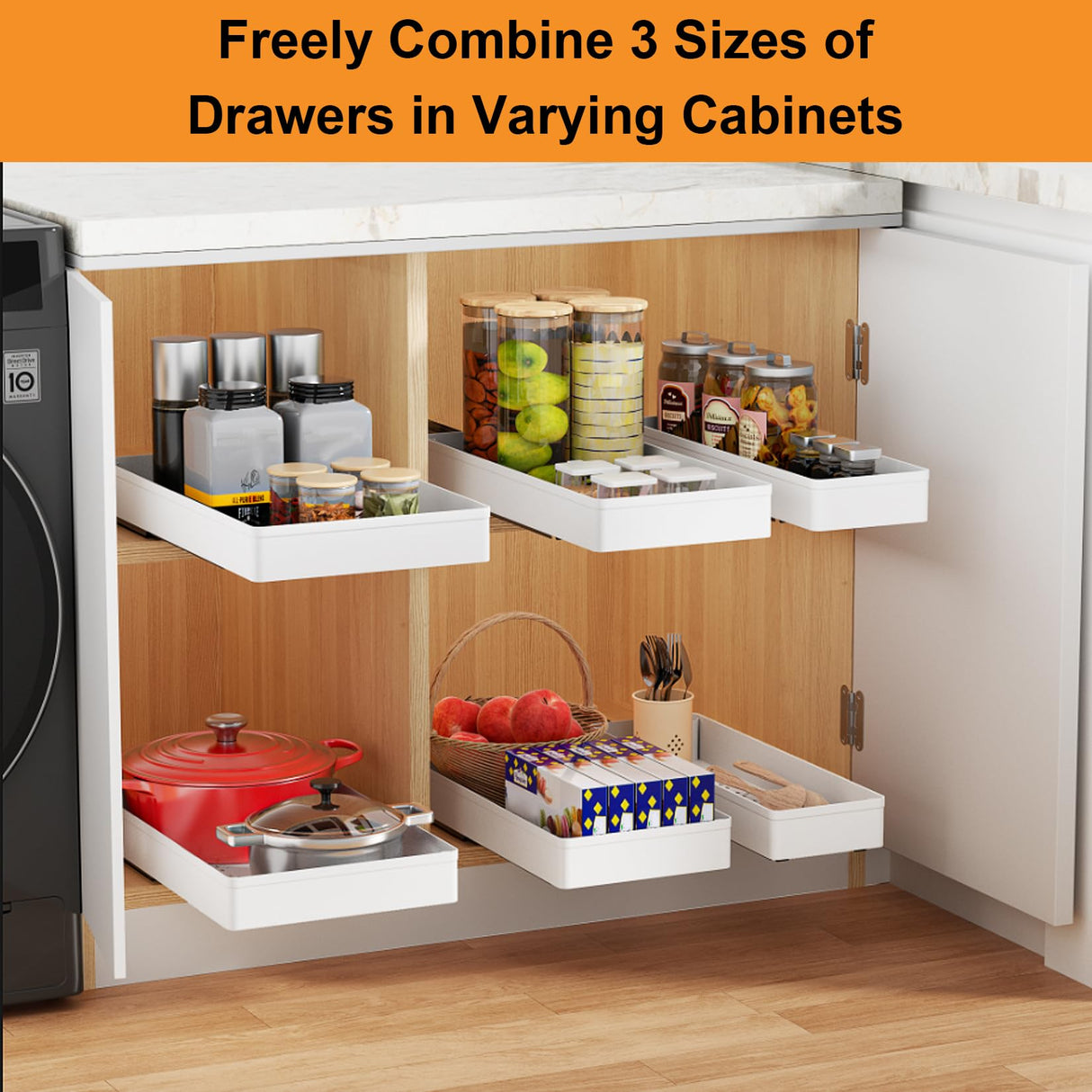 YoolooKitt Pull Out Cabinet Organizer,Adhesive with Nano Film,Slide Out Drawers Adhesive Heavy Duty Storage Drawer Shelf with 3PCS Divider Racks for Kitchen Pantry Bathroom Home,10.6"-15.7" Deep YoolooKitt
