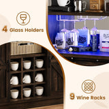 4ever2buy Farmhouse Wine Bar Cabinet with LED Light & Mirror, 47” Buffet Sideboard with 4 Glass Hooks & 9 Wine Racks, Coffee Bar Cabinet with Sliding Barn Door for Kitchen Dining Living Room, Brown 4ever2buy