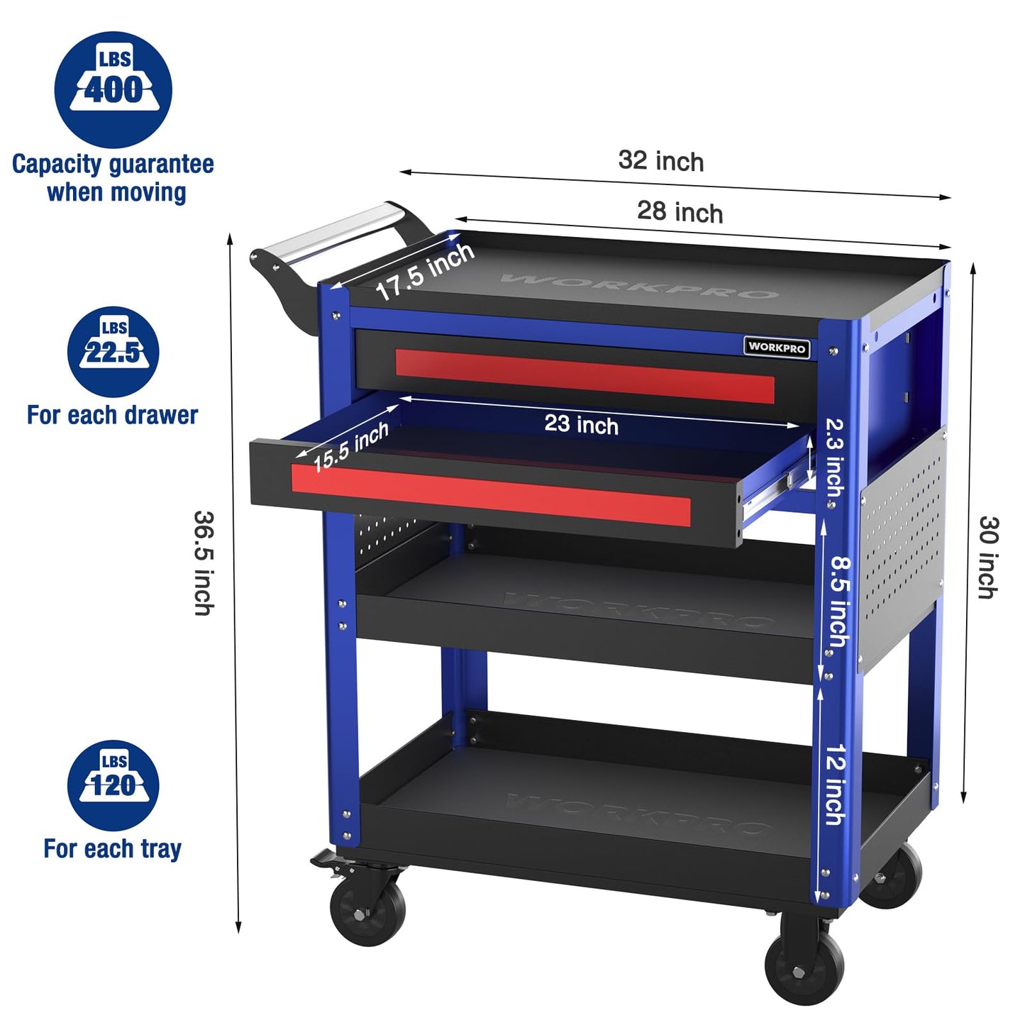 WORKPRO Premium 28" 2-Drawer Rolling Tool Cart, Heavy Duty Utility Industrial Service Cart Storage Organizer with Wheels and Locking System, for Mechanic, Warehouse, Garage, Workshop, 400 lbs Load