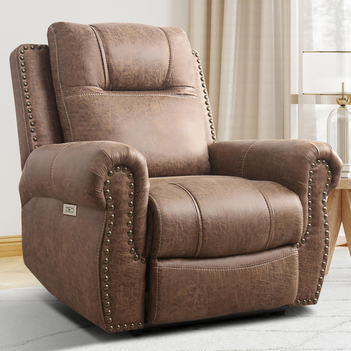 CANMOV Power Recliner Chair for Adults,Faux Leather Electric Reclining Chair with Overstuffed Arm and Back,Classic Power Recliner Single Sofa with Rivet Decoration, USB Port for Living Room,Nut Brown CANMOV