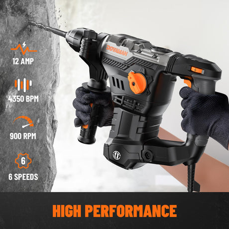 DOVAMAN RH15A 1-9/16'' SDS-Plus Rotary Hammer Drill, 4 in 1 Functions, Multi-material Use, Safety Clutch, 6 Speeds, SDS-Plus Adaptor, 4350BPM/900RPM, Vibration Control, Demolition Hammer for Concrete DOVAMAN