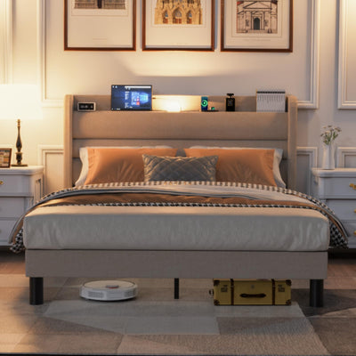 Flolinda King Size Bed Frame with Charging Station, Type-C & USB Ports and LED Light, Linen Upholstered King Size Bed Frame Led with Wingback Storage Headboard Shelf, No Box Spring Needed, Beige