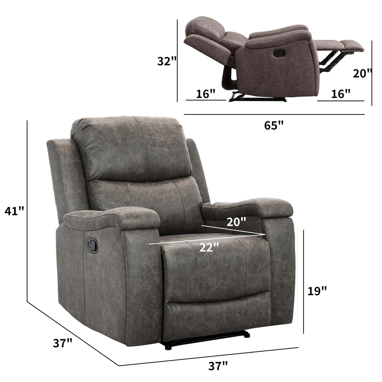 CANMOV Leather Recliner Chair, Classic and Traditional Manual Recliner Chair with Overstuffed Arms and Back, Manual Single Sofa with Concealed Cup Holders,Grey CANMOV