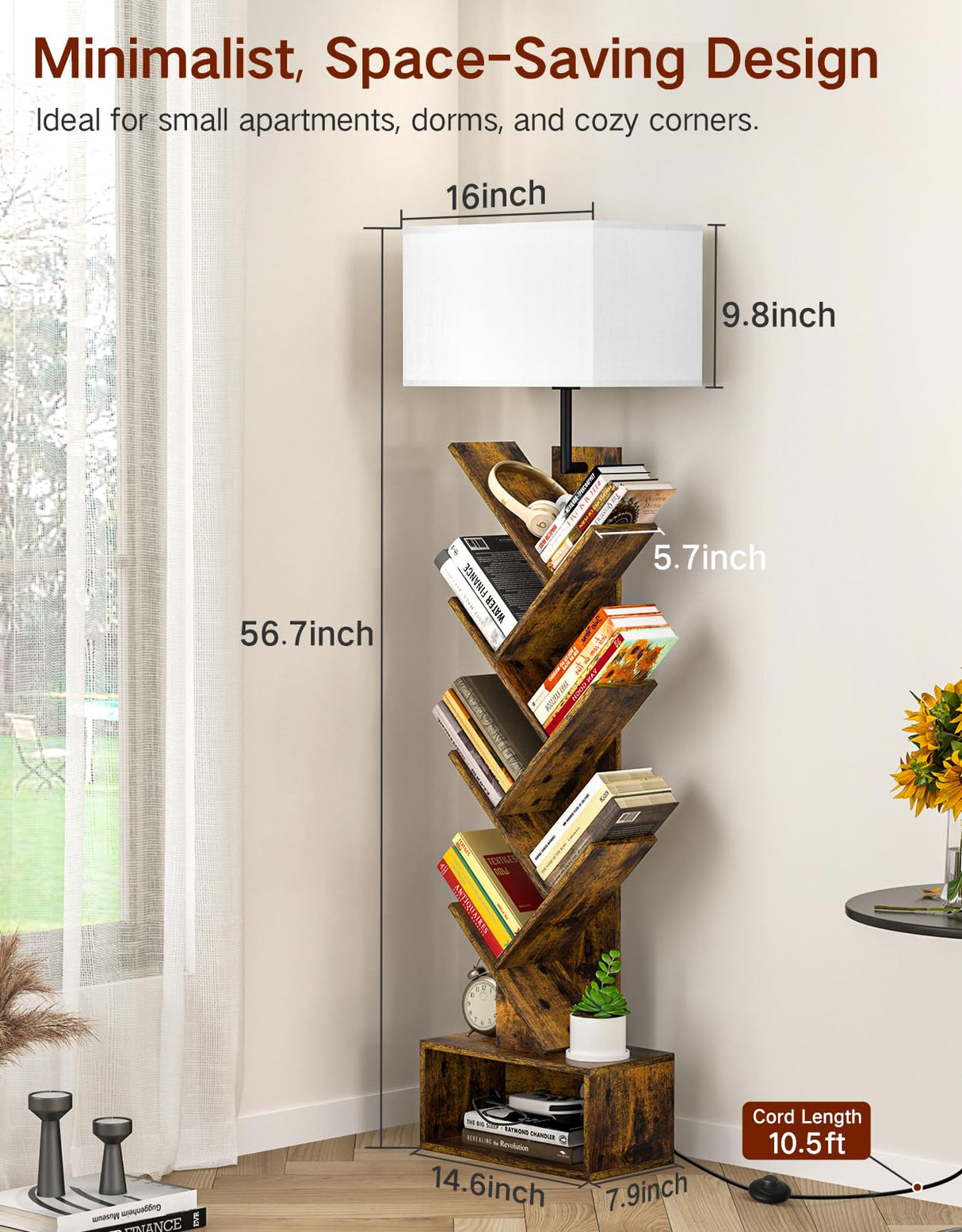 OUTONLIFE 8 Tier Tree Bookshelf with Lamp, Remote & Timer, Modern Tall Floor Standing Book Shelf, Narrow Wood Bookcase, Small Book Organizer Shelves for Living Room, Bedroom, Office (Rustic Brown) OUTONLIFE