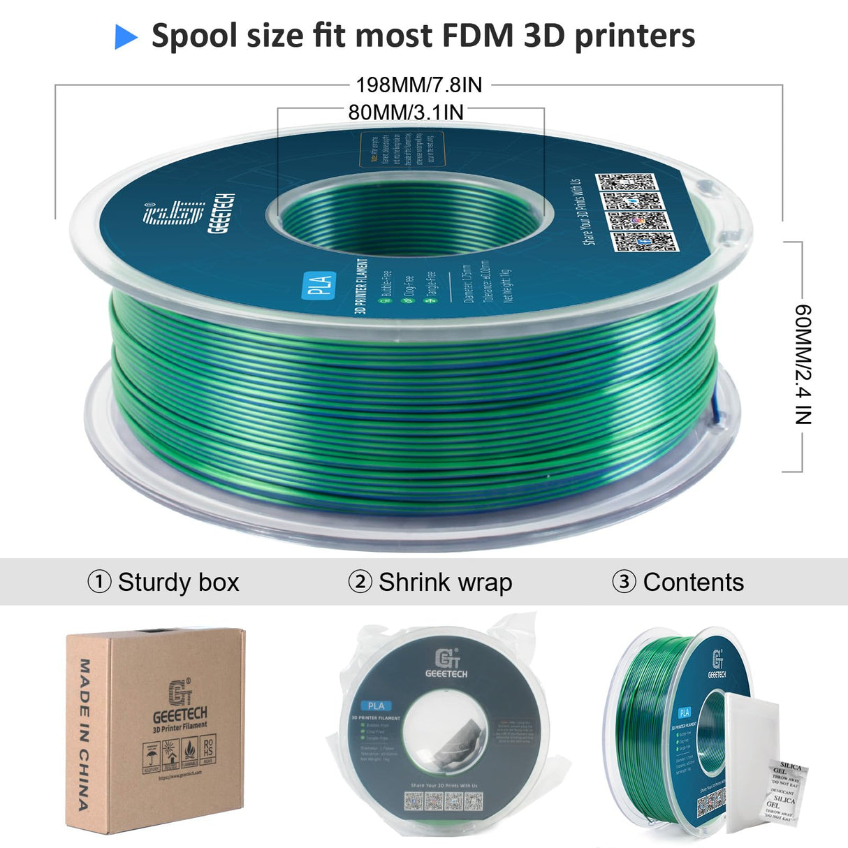 Geeetech 3D Printer Silk PLA Dual Color Filament,Metal-Like Shiny Silk Filament 1.75mm 1kg (2.2lbs) Spool,Dimensional Accuracy +/- 0.03 mm,Silk Blue Green Geeetech