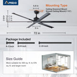 Amico Ceiling Fans without Lights, 72 inch Industrial Indoor/Outdoor Ceiling Fan with Remote Control, Reversible, 6 Blades, Noiseless, Black Ceiling Fan for Patio, Porch, Garage, shop, Farmhouse Amico