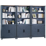 Joaxswe 70in Tall Bookshelf 5 Tier Bookcase with Barn Doors and Adjustable Shelves, Blue Farmhouse Book Shelf with Storage Cabinet, Wood Freestanding Display Bookshelves for Bedroom, Kitchen (3PCS) Joaxswe