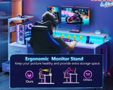 Casaottima 59 Inch Gaming Desk with USB Charging Ports & LED Light - Reversible Computer Desk with 3 Fabric Drawers, Monitor Stand, CPU Stand, and Side Hook, Modern Office Desk, White Casaottima