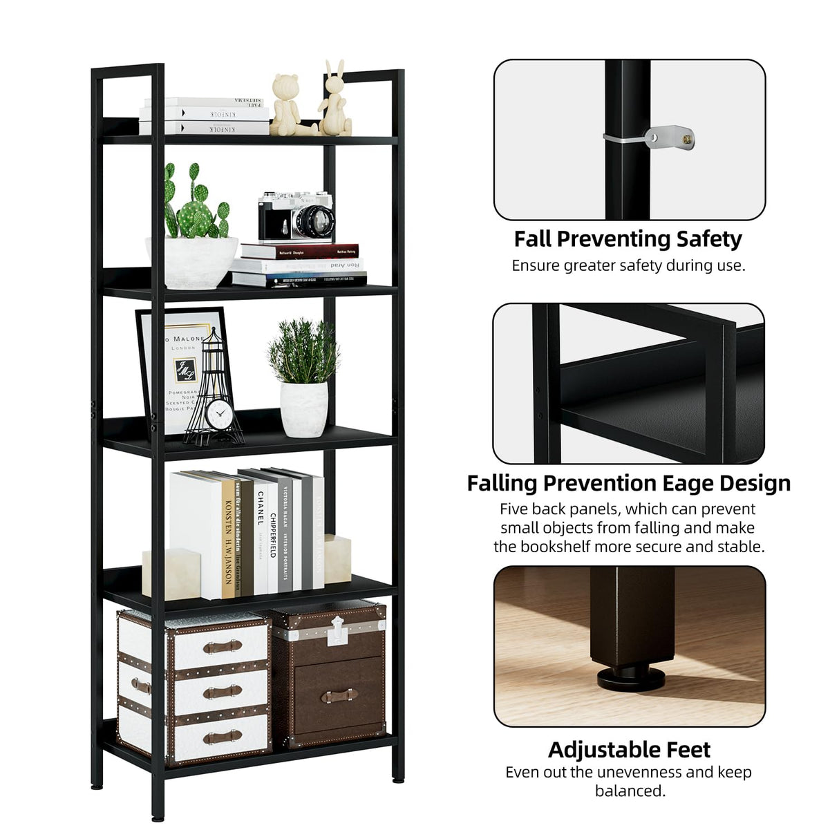 NUMENN Bookshelf, 5 Tier Bookshelves, Home Office Bookcase Shelf Storage Organizer, Free Standing Storage Shelving Unit for Bedroom, Living Room and Home Office, Black NUMENN