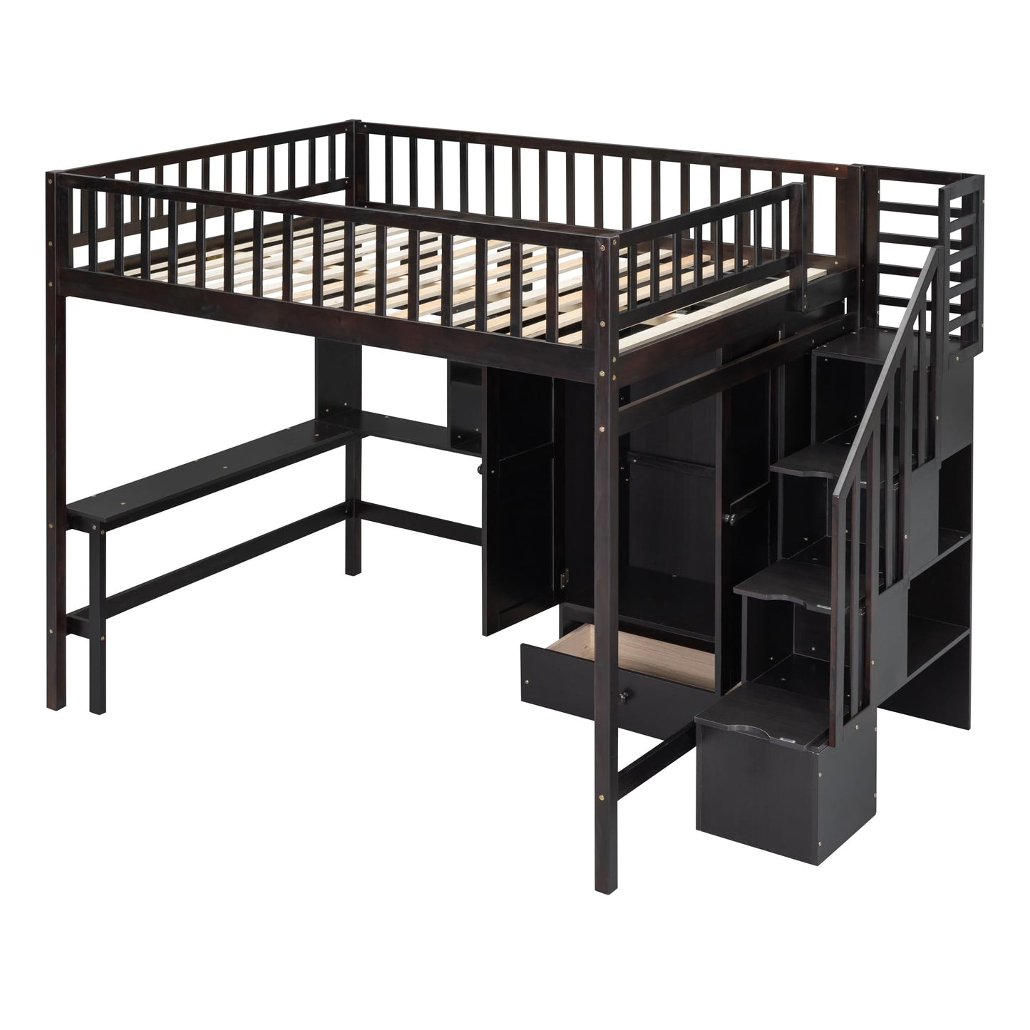 Espresso Full Size Loft Bed with Storage Stairs, Desk, Bookshelf, and Wardrobe by Harper & Bright Designs - WoodArtSupply