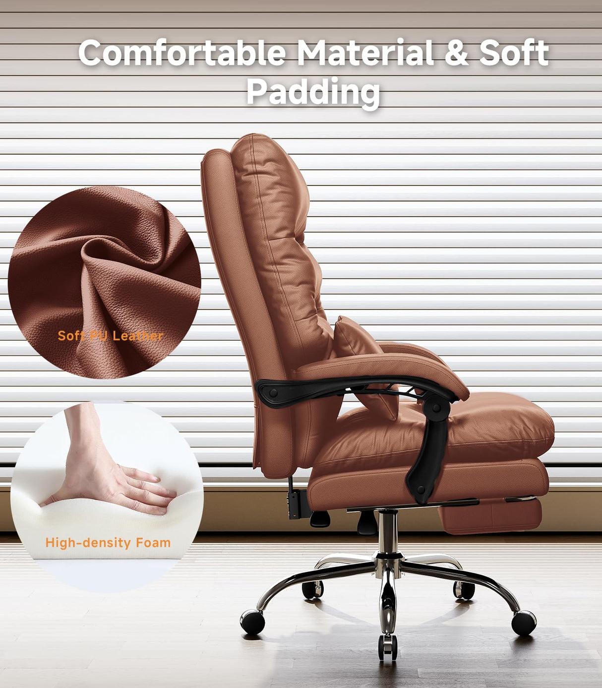 Ylzyxal Office Chair, Big and Tall Office Desk Chair, Ergonomic Office Chair, 400LBS PU Leather Computer Chairs, Executive Office Chair with Foot Rest and Lumbar Pillow (Bright Brown) Ylzyxal