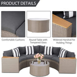 Incbruce Outdoor Half Moon Patio Furniture 5-Piece Curved Outdoor Sofa, All-Weather Outdoor Sectional Furniture Patio Conversation Sets with Round Tempered Glass Top Table (Grey Cushions) Incbruce