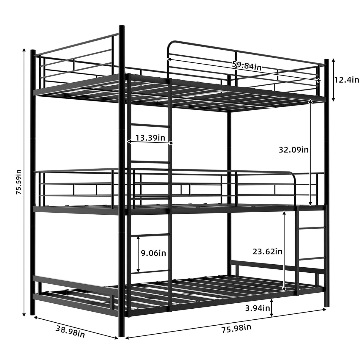 QSOSTNS Metal Triple Bunk Bed, Twin Over Twin Bunk Bed Frame with Side Ladder and Safety Fence, Suitable for Bedrooms, No Box Spring Required, Teens & Adults Bunk Bed, Metal Bunkbeds QSOSTNS