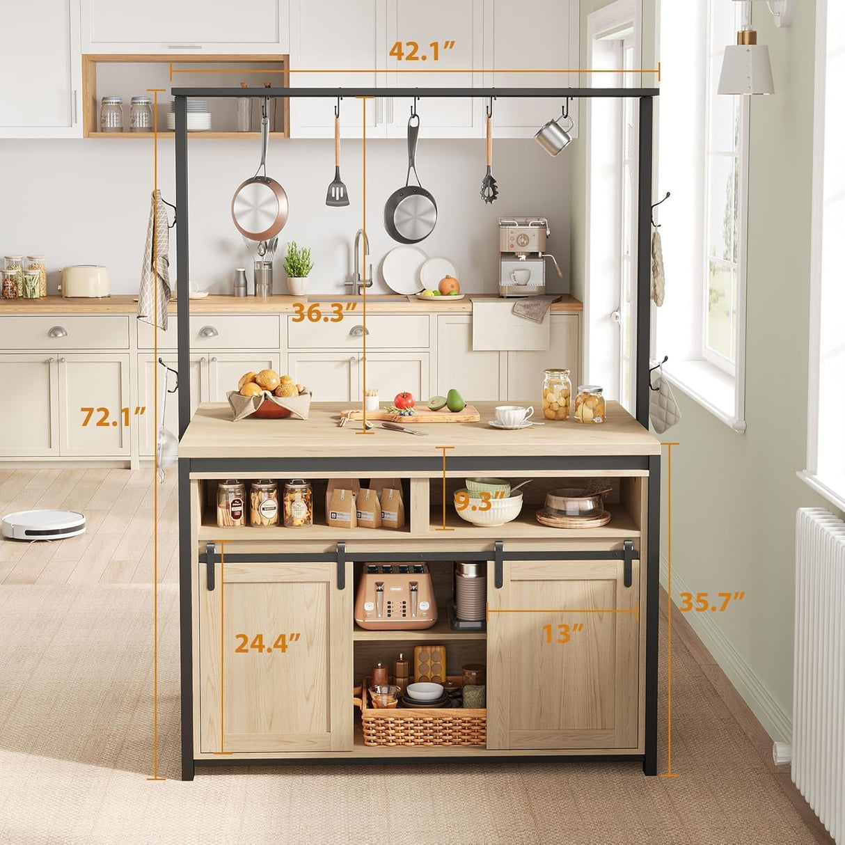 ELETHEBIA Wooden Island Table for Kitchen with Sliding Barn Door, Heavy Duty Large Coffee Bar Table with 4 Hook, Multi-Functional Bakers Rack, Storage Shelf for Kitchen Dining Room Living Room ELETHEBIA