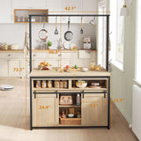 ELETHEBIA Wooden Island Table for Kitchen with Sliding Barn Door, Heavy Duty Large Coffee Bar Table with 4 Hook, Multi-Functional Bakers Rack, Storage Shelf for Kitchen Dining Room Living Room ELETHEBIA