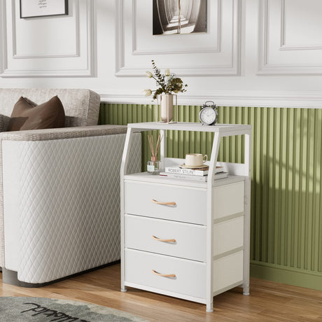 Furnulem White Nightstand with 3 Drawers and 2-Tier Shelf, Small Night Stand End Table Side Furniture, Fabric Storage Organizer for Bedroom, Closet, Hallway, Nursery, Sturdy Steel Frame, Wood Top Furnulem
