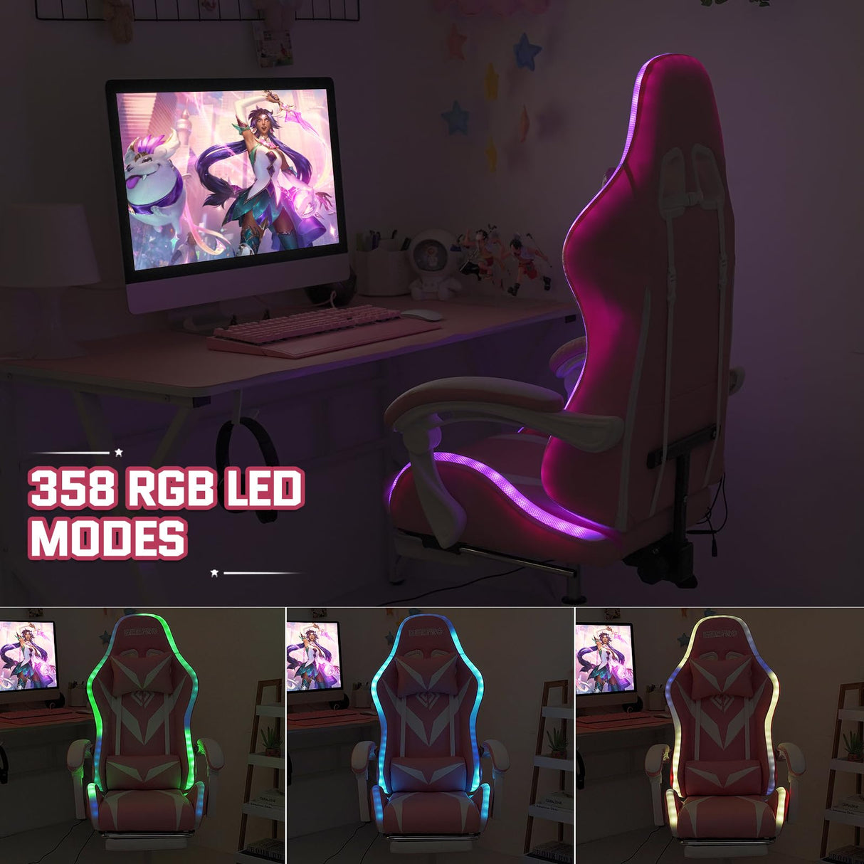 Gaming Chair with LED Lights Massage Ergonomic Video Game Chairs with Footrest High Back Reclining Computer Chair with Lumbar Support Adjustable Footrest Pink and White VANSPACE