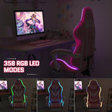 Gaming Chair with LED Lights Massage Ergonomic Video Game Chairs with Footrest High Back Reclining Computer Chair with Lumbar Support Adjustable Footrest Pink and White VANSPACE