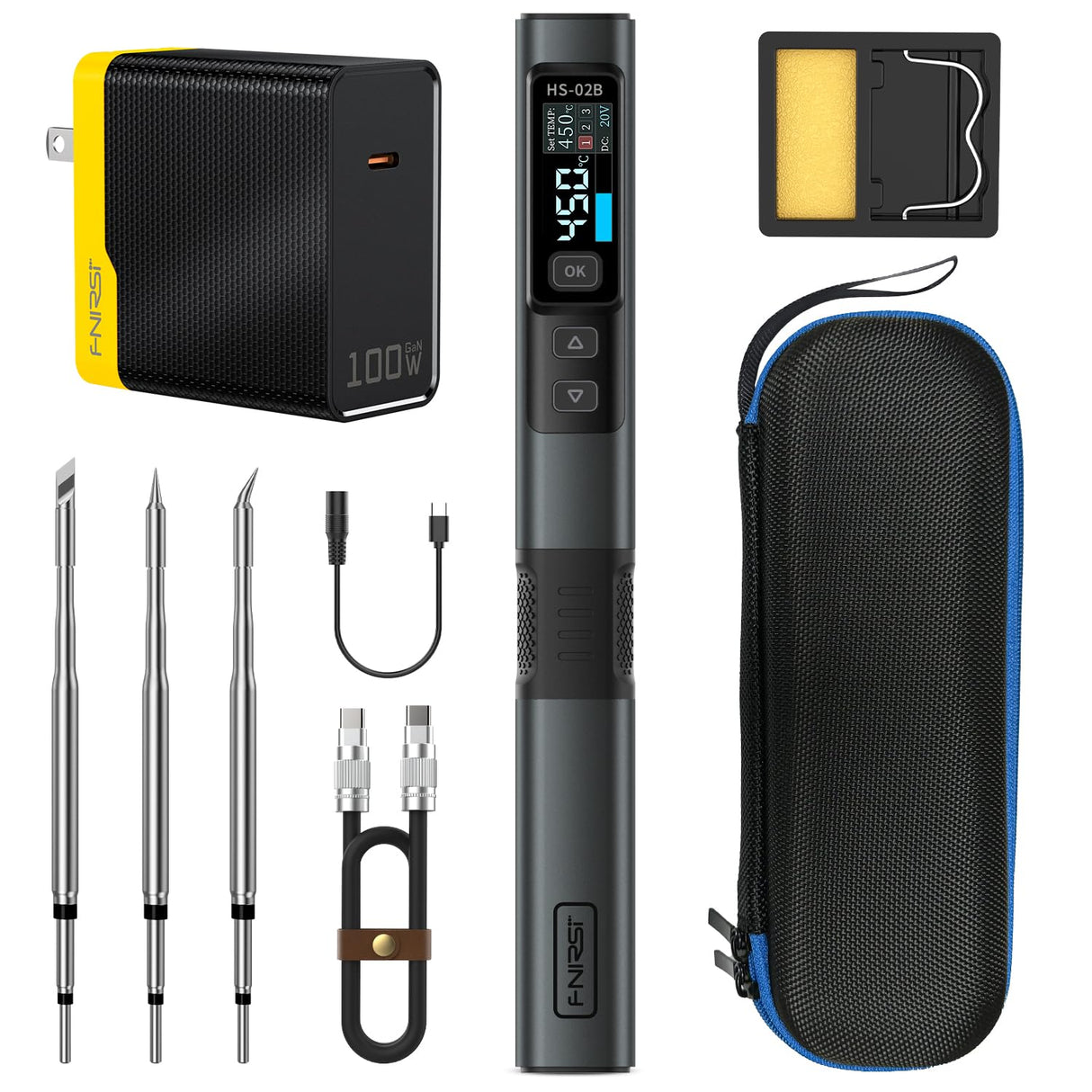 FNIRSI HS-02B 100W Portable Soldering Iron Kit, 2S Fast Heating, 212-842℉, Pre-set 3 Groups Temperature, 3 210 Soldering Tips, Smart Digital Soldering Iron Pen Tool for Electronics Precision Repair FNIRSI
