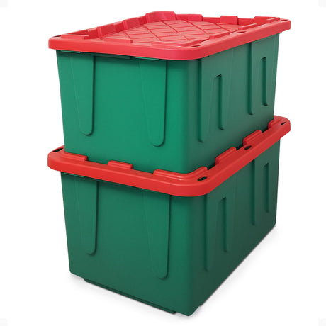 HOMZ 2-Pack Durabilt, Heavy Duty Plastic Storage Bins with Lids, 27 Gallon, Green/Red - Stackable Container Boxes for Holiday, Attic, and Garage Organization HOMZ