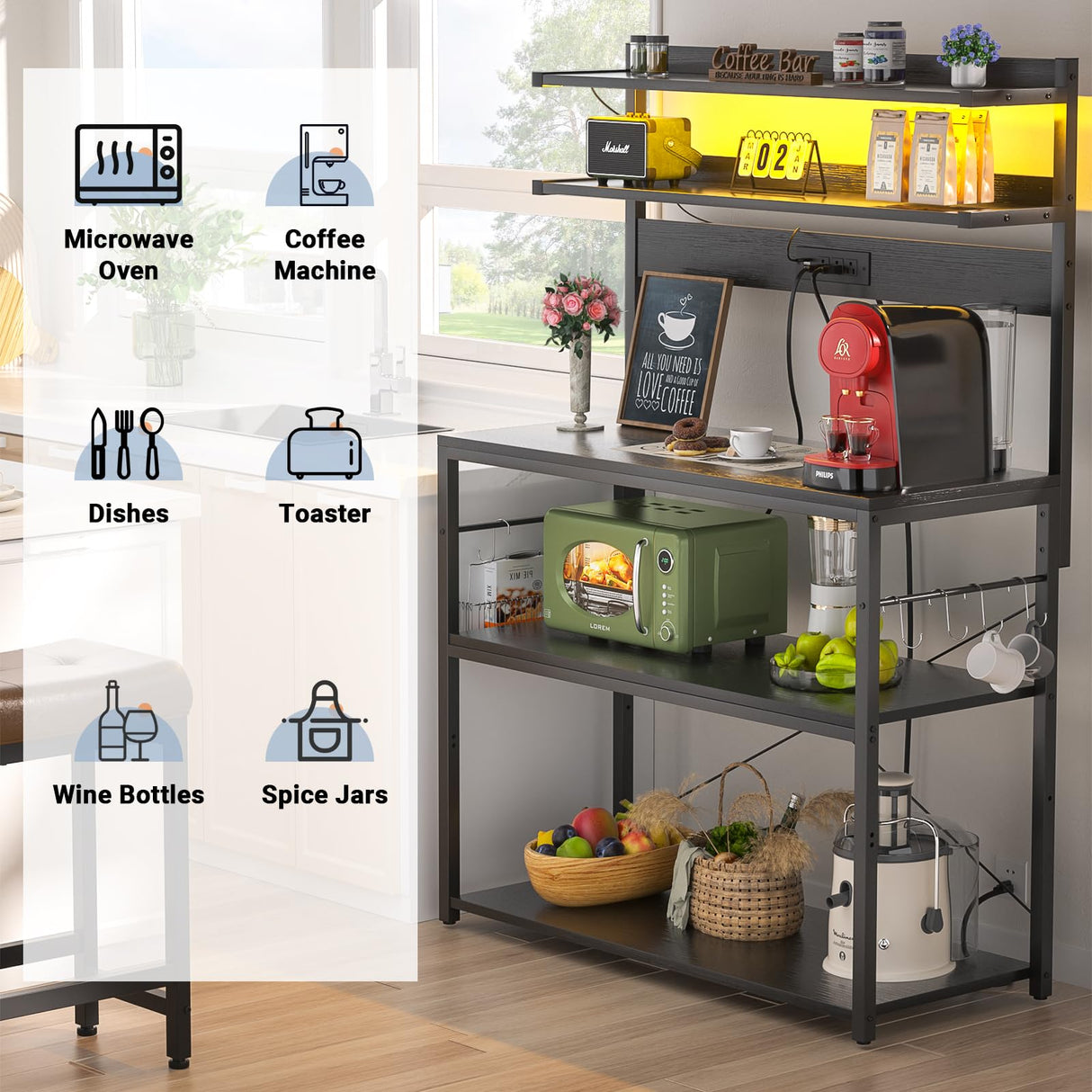 Aheaplus Bakers Rack with Power Outlet, Microwave Stand, 5 Tiers Coffee Bar Station with Led Lights, Kitchen Storage Shelf with 6 S-Shaped Hooks, Kitchen Rack Coffee Bar Stand, Black Aheaplus