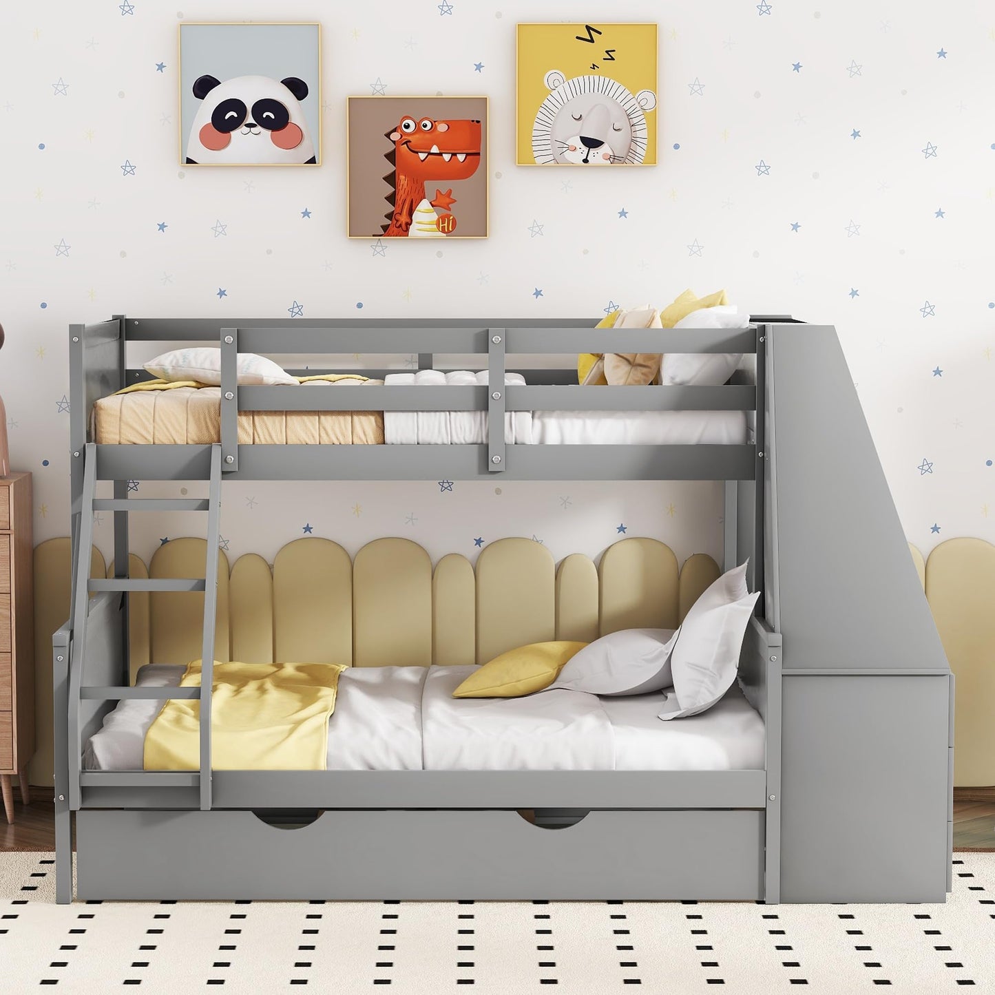 Harper & Bright Designs Twin Over Full Wooden Bunk Bed with Desk, Trundle, and Storage in Grey - WoodArtSupply