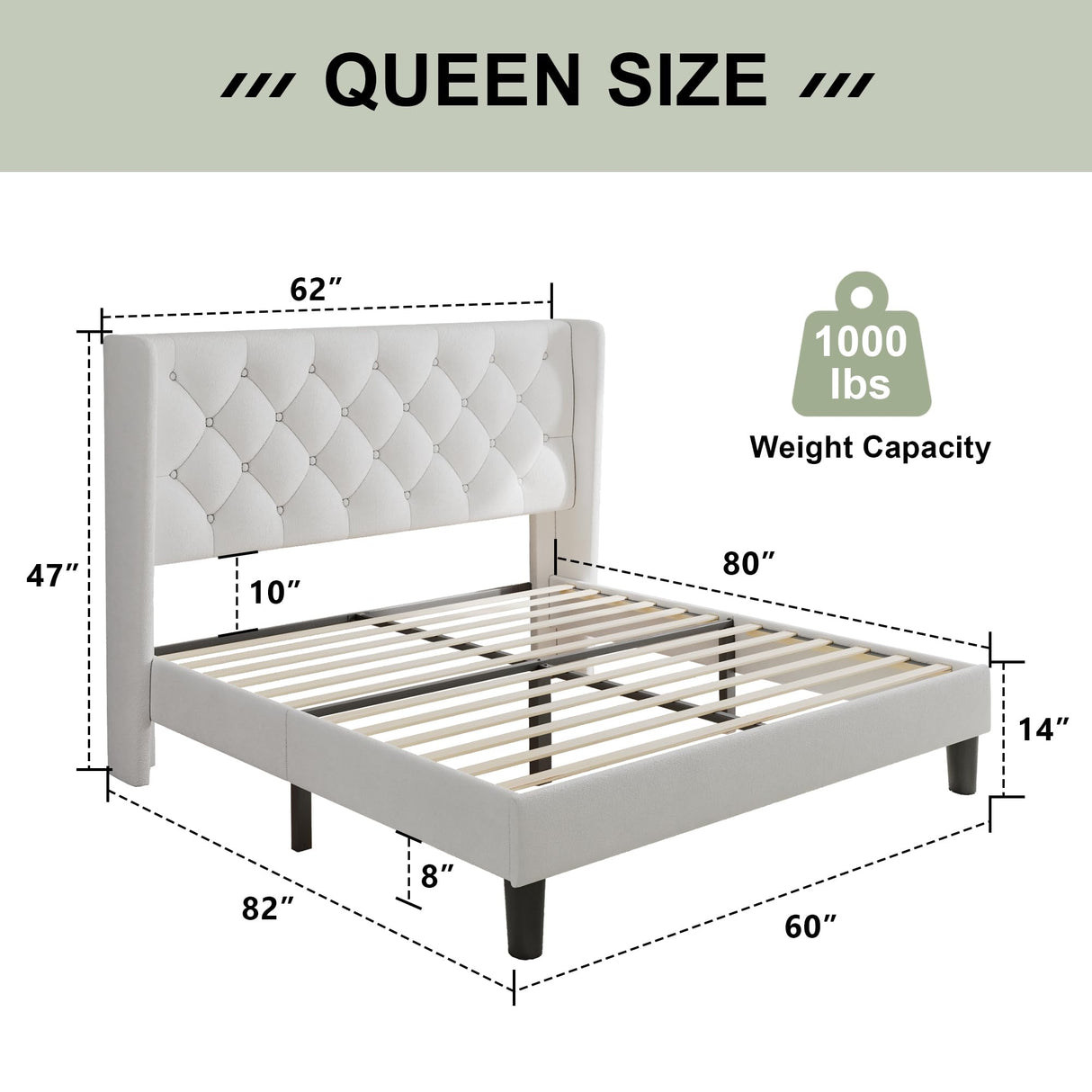 Feonase Queen Size Bed Frame with Diamond Tufted Wingback Headboard, Upholstered Platform Bed, Sturdy Wooden Slats Support, Noise-Free, No Box Spring Needed, Easy Assembly, White Feonase