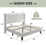 Feonase Queen Size Bed Frame with Diamond Tufted Wingback Headboard, Upholstered Platform Bed, Sturdy Wooden Slats Support, Noise-Free, No Box Spring Needed, Easy Assembly, White Feonase