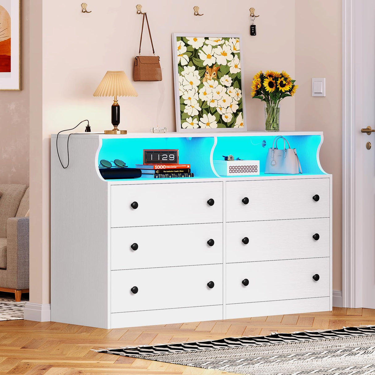 Hasuit 6 Drawer Dresser with LED Lights and Charging Station, Wide Chest of 6 Drawers with Open Space, Modern Large Capacity Storage Cabinet, White Dresser for Bedroom, Living Room, Hallway Hasuit