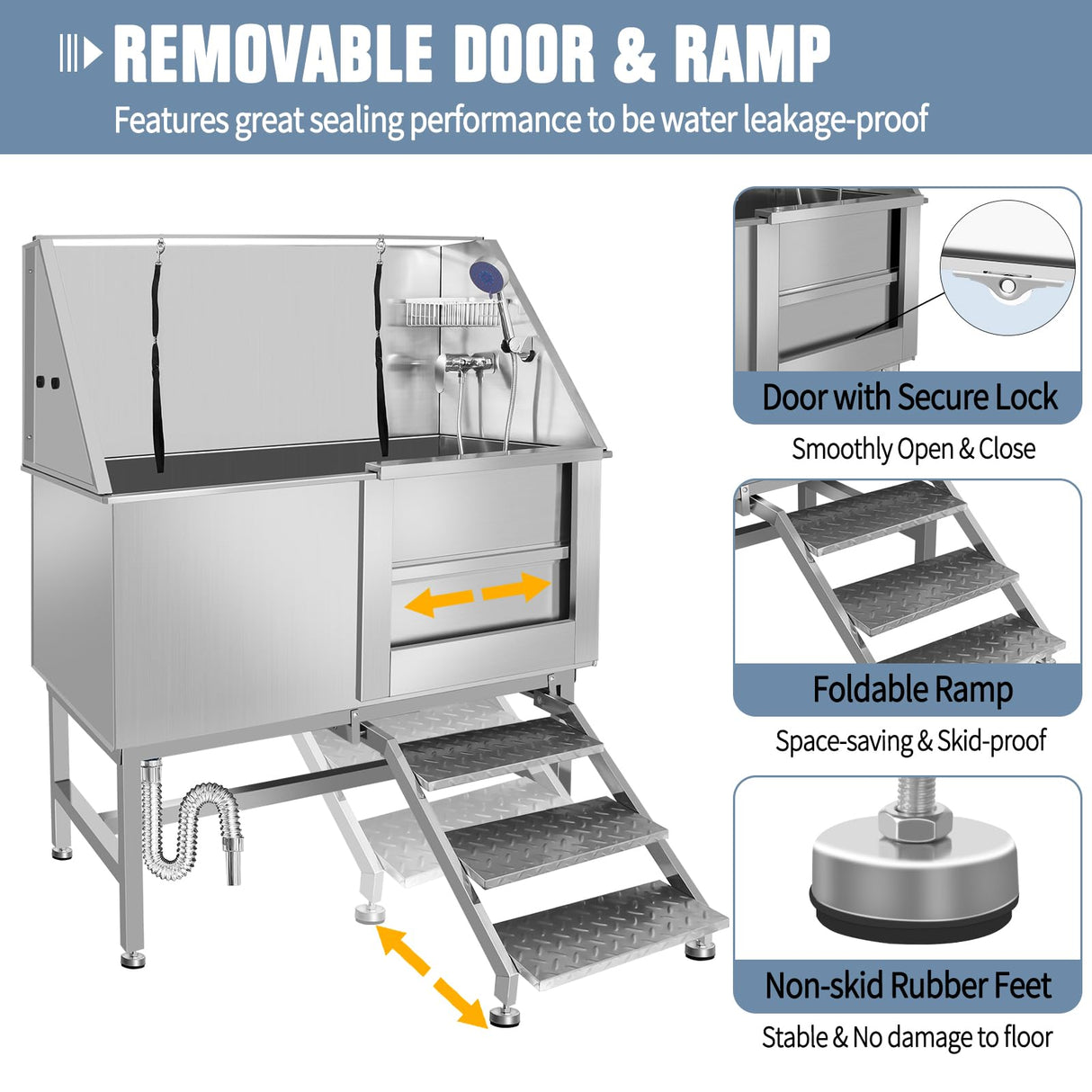 50 Inch Electric Dog Bathing Station For Large Dogs, Height Adjustable Stainless Steel Dog Pet Washing Station, Professional Dog Grooming Tub With Electric Lift, Pet Wash Bath Station (50" Right door) RIGMEC