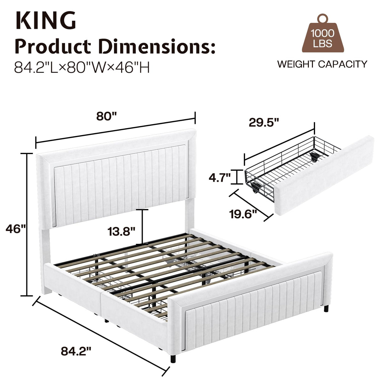 Jocisland Upholstered Platform King Size LED Bed Frame with 4 Storage Drawers, Adjustable Headboard, White Jocisland