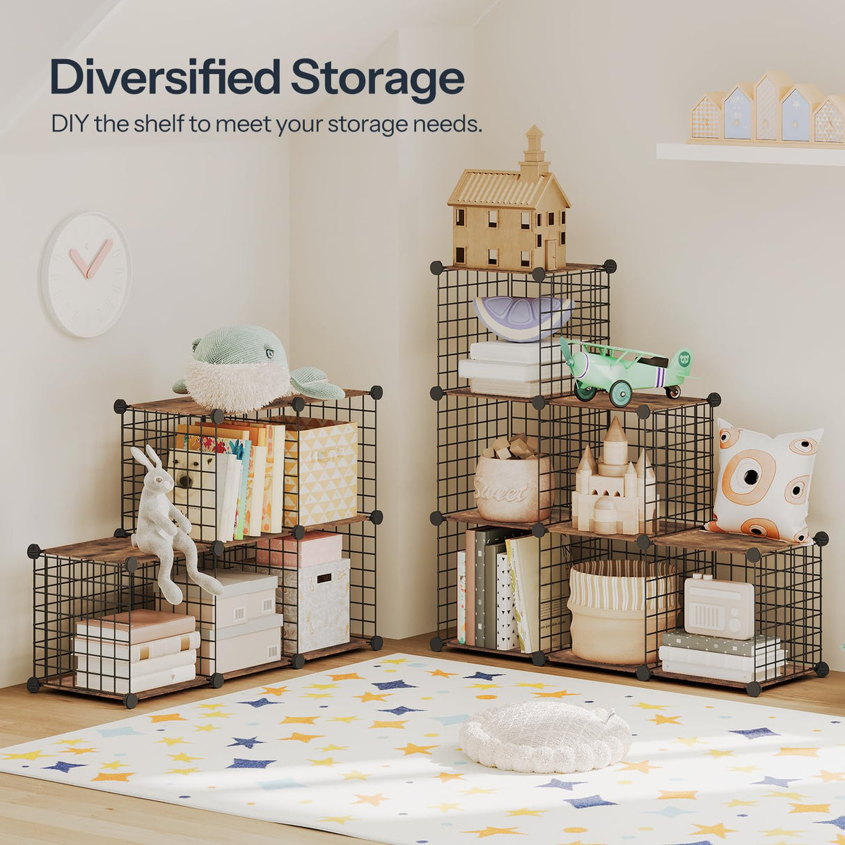 HOOBRO Cube Storage Organizer, Wire Cube Storage, 6-Cube Metal Grid Storage Shelf, Modular Cabinet, DIY Cube Bookshelf, for Living Room, Bedroom, Study, Rustic Brown and Black BF06CW01 HOOBRO