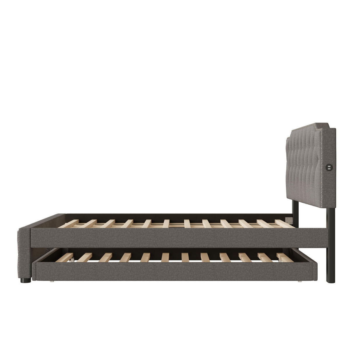 CITYLIGHT Queen Upholstered Platform Bed with Twin Size Trundle and USB Ports on Each Side, Queen Bed Frame with Trundle for Bedroom, Linen Fabric,No Box Spring Required,Grey CITYLIGHT