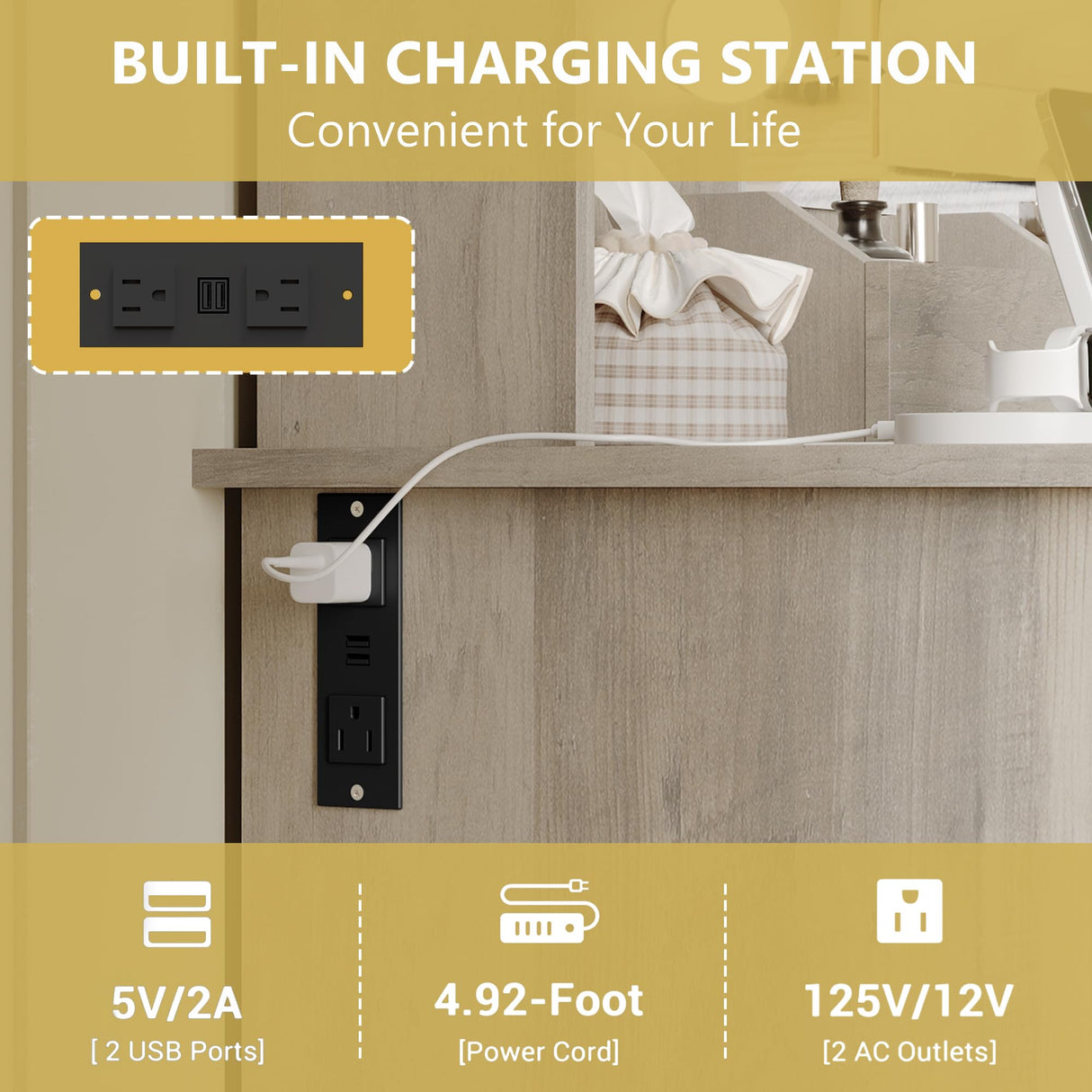 Vanity Makeup Desk with Mirror and Lights, Farmhouse Vanity Table Set with Storage Drawers, Charging Station & Chair, 43" Large Rustic Dressing Table, 3 Lighting Modes for Women Girls Bedroom, Grey Xixini