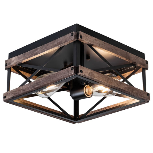 Mayful Flush Mount Light Fixture, 2-Light Rustic Ceiling Light Combine with Metal and Wood Frame, Farmhouse Ceiling Light for Kitchen Hallway Entryway Bedroom Porch Living Room