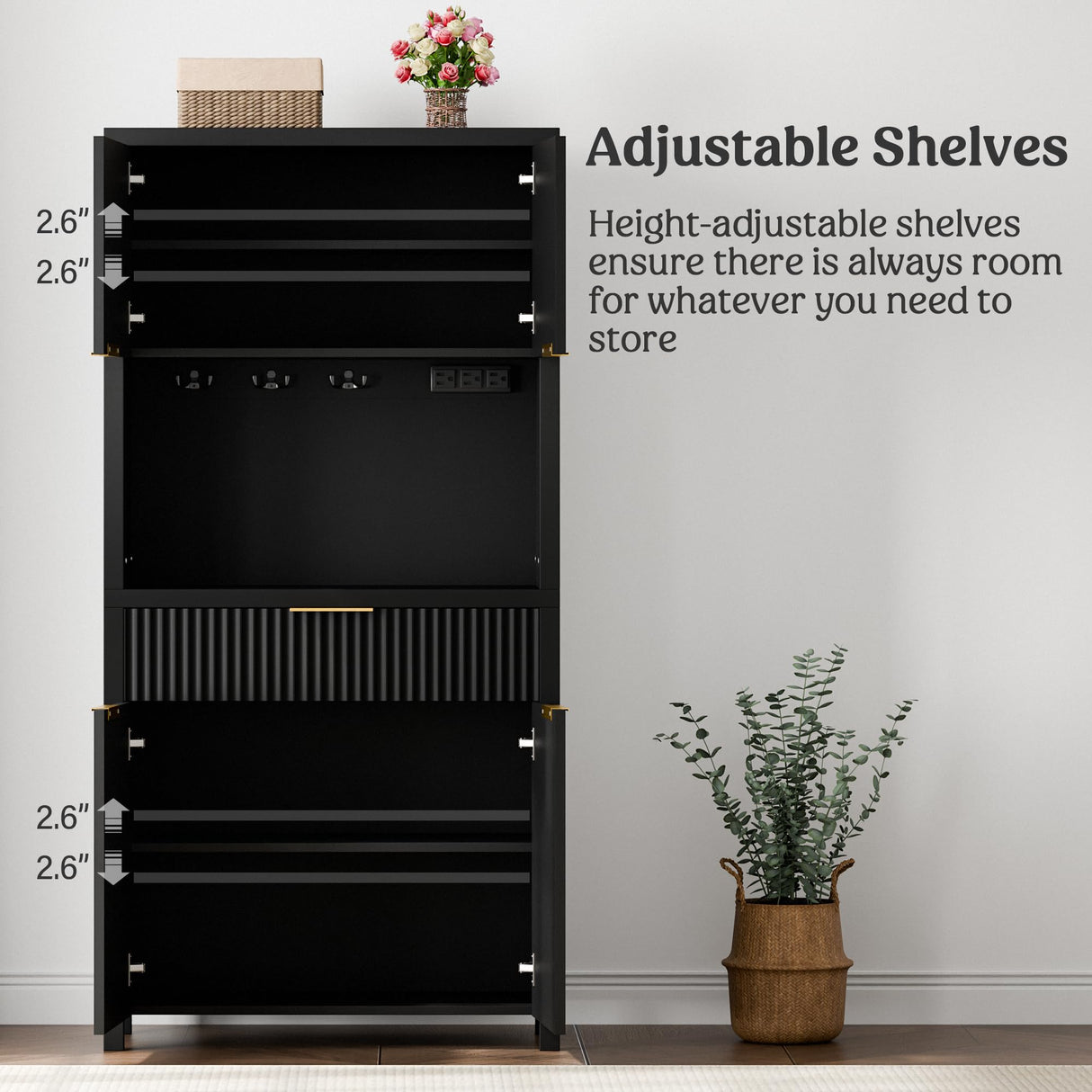 Lulive 71" Fluted Pantry Cabinet with Charging Station & Adjustable Shelves, Spacious Kitchen Storage Cabinet with Open Countertop & Drawer for Dining Room, Living Room, Black Lulive