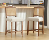 EALSON Counter Height Bar Stools Set of 2 Farmhouse Barstools with Rattan Back Comfortable Upholstered Bar Chairs Mid Century Wood Breakfast Counter Stools for Kitchen Island, Linen Beige EALSON