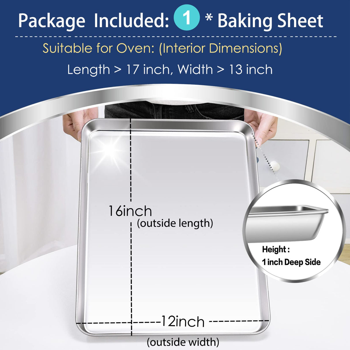 Large Baking Sheet, P&P CHEF Stainless Steel Cookie Sheet Baking Pan Tray, Rectangle 16''x12''x1'', Healthy & Non Toxic, Mirror Finish & Dishwasher Safe P&P CHEF