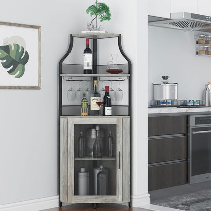 IDEALHOUSE Corner Wine Bar Cabinet with Large Storage Space and Detachable Wine Rack, Bar Cabinet with Glass Holder and Mesh Door, 4-Tier Liquor Cabinet Bar, Grey - WoodArtSupply