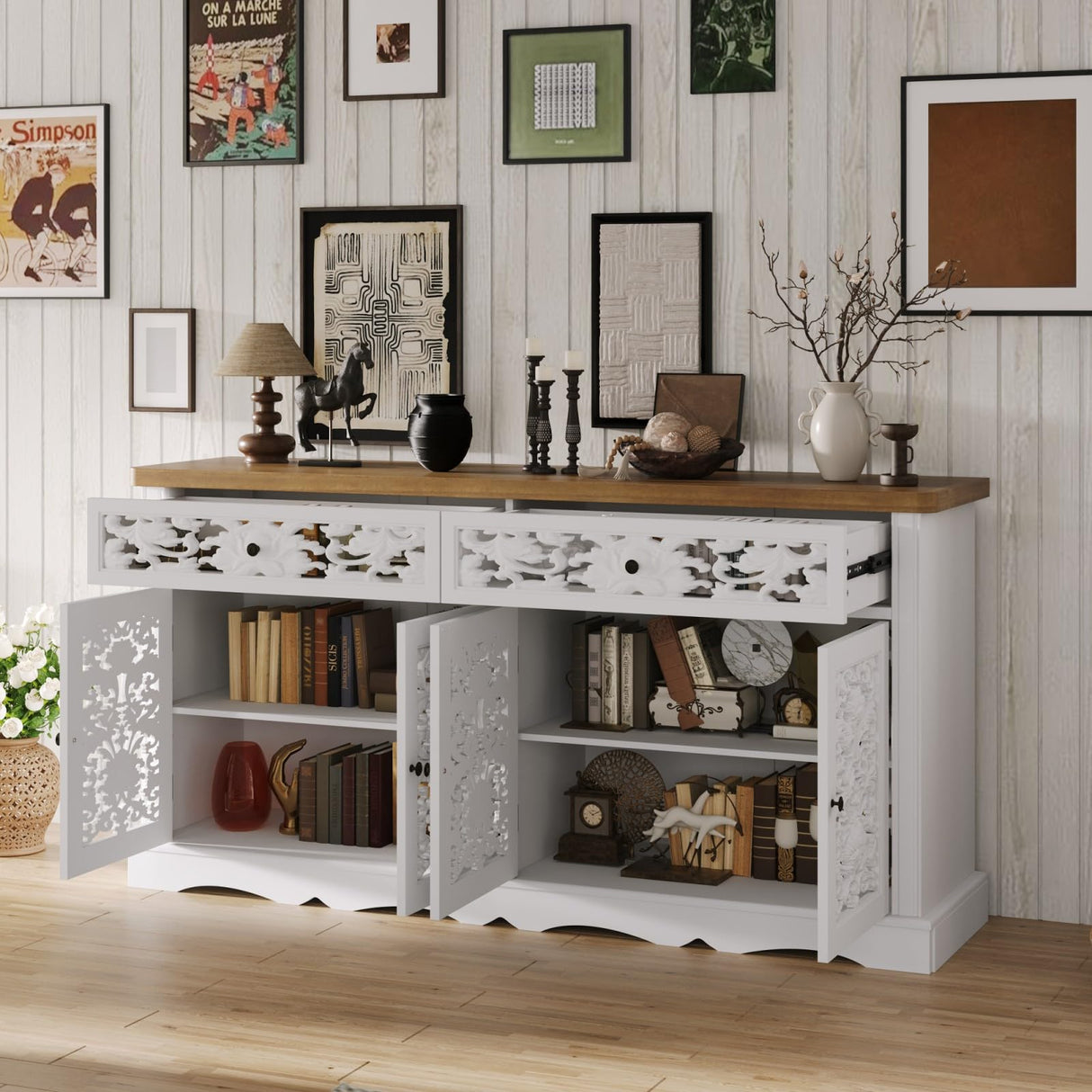JOIKUJIA Wide Accent Cabinet with 4 Carved Doors & 2 Drawers, Vintage Hollow Carving Sideboard with Brown Tabletop, Farmhouse Buffet Cabinet, White and Brown 63”W x 15.7”D x 31.9”H JOIKUJIA